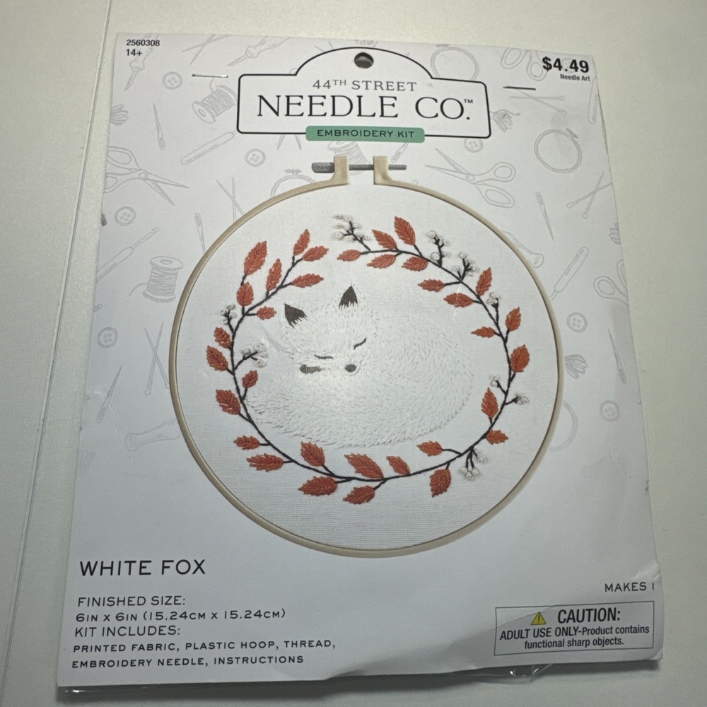 44th Street Needle Co White Fox Hand Embroidery Kit 6x6 Floral Animal DIY Craft